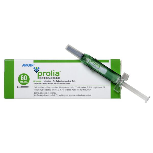 Prolia (denosumab) packaging for osteoporosis treatment, helping to strengthen bones and reduce fracture risk, available to buy online.