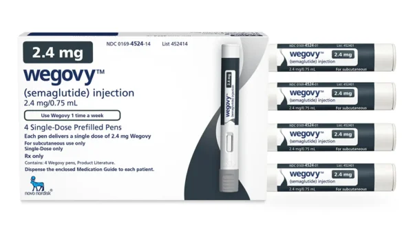 Wegovy (semaglutide) packaging for weight management and obesity treatment, available to buy online.