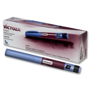 Victoza (liraglutide) packaging for type 2 diabetes management and weight loss, available to buy online.